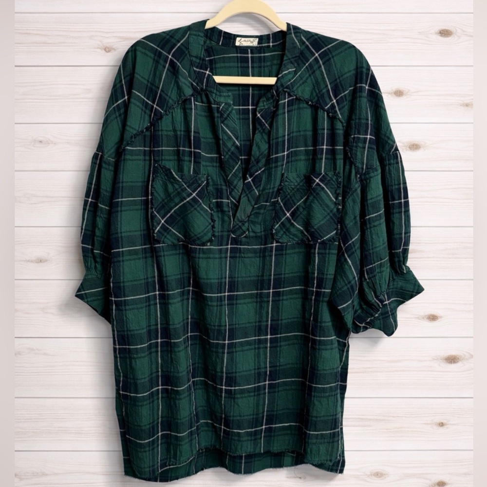 Free People Intimately Not Your Boyfriend’s Plaid Oversized Top~Green/Blue ~ XS - Picture 6 of 16